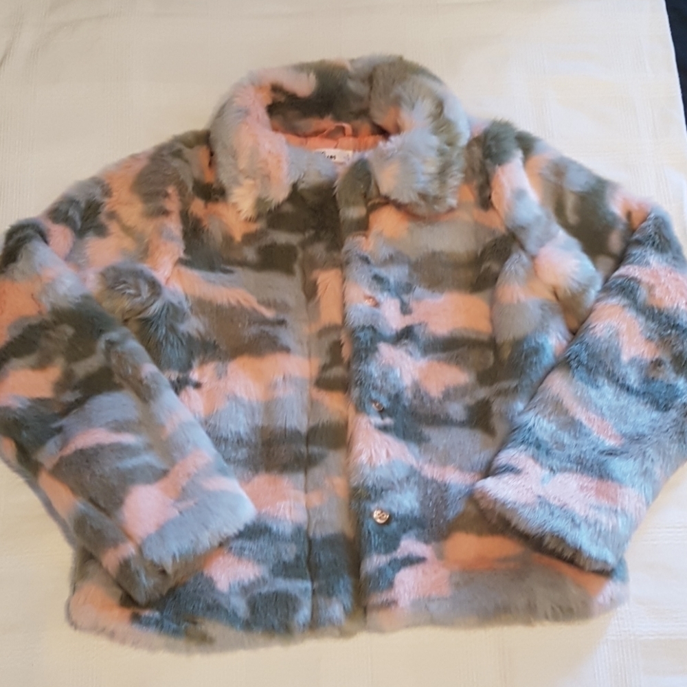 Epic Threads girls size large pink, blue and grey fuzzy jacket